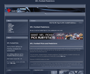 rubystats.com: NFL Football Predictions - NFL RubyStats
NFL Football predictions, NFL predictions, football predictions, NFL Football Picks