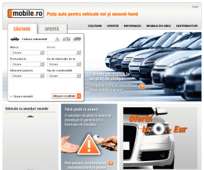 mobile.ro: mobile.ro - Piaţa auto pentru vehicule noi şi second-hand. Căutaţi, cumpăraţi şi vindeţi vehicule noi şi second-hand
Alegeţi dintr-o gamă largă de automobile, rulote, motociclete şi vehicule utilitare noi şi second-hand pe mobile.ro