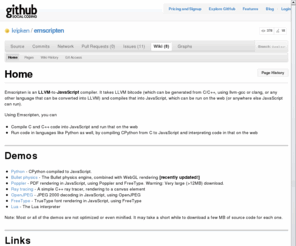 emscripten.org: kripken/emscripten - GitHub
Emscripten: An LLVM-to-JavaScript Compiler