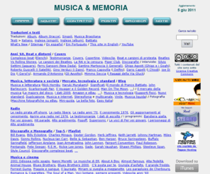 musicaememoria.com: Musica & Memoria
La musica in tutti i suoi aspetti. Musica e storia del costume, musica negli anni '60 (complessi beat e cover), musica e letteratura, musica e cinema, musica e immagini, copertine e foto degli artisti, parole in musica, traduzioni e significati.