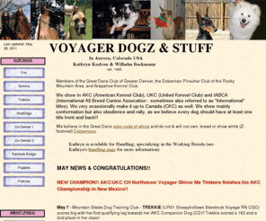 voyagerdogz.com: Voyager Dogz
Information about Great Danes, Saint Bernards, Dobermans, and dog show handling