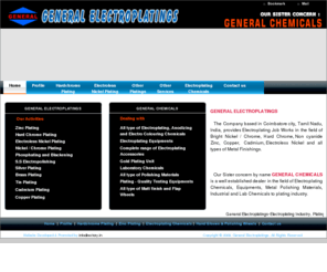 generalelectroplating.com: Electroplating Industry, Plating Industries, Electro Plating Works-Coimbatore, Tamil Nadu, India also in Kerala-General Electroplatings-Manufacturers, Suppliers, Exporters of Electroplating Components
General Electroplatings-Electroplating Industry, Plating Industries, Electro Plating Works-Coimbatore, Tamil Nadu, India also in Kerala-General Electroplatings-Manufacturers, Suppliers, Exporters of Zinc Plating, Hardchrome, Electroless Nickel, Nickel Chrome, Silver, Tin, Cadmium, Electroplating Components