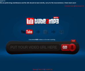 tube2mp3.org: Youtube to Mp3 - Tube2Mp3
Tube2Mp3 allows you to convert and download YouTube videos to FLV, MP3, MP4, AVI, MPEG and PSP file online. Convert Unlimited Youtube Videos.