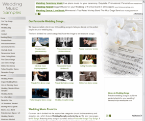 weddingmusicsamples.co.uk: Examples of Popular Wedding Songs / Wedding Music Samples
Our list of 300 of the most popular picks to help choose your wedding songs. Favourite hymns & Wedding music samples.