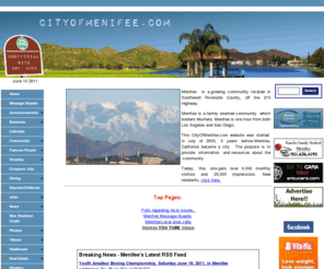 cityofmenifee.com: City Of Menifee--City Of Menifee- Menifee, CA
Menifee is located between Los Angeles and San Diego. Menifee is a quality community for families. Great schools and opportunities. Population 68,500 people.