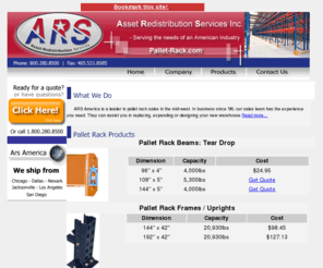 pallet-rack.com: Pallet Rack,Pallet Rack - Selective - Structural - Push Back - Drive-In Racks information online get a quote
ARS Has been a major Pallet rack and pallet racking supplier for the last 10 years. We can help you find the right pallet rack; Get a QUOTE ONLINE!