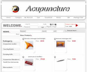 acusupplier.com: Acupuncture
 针灸器材Acupuncture instruments  刮痧器具Scraping stuffs  针灸教学模型 Teaching Models 按摩器材Massage stuffs 艾灸用品Moxabustion Products 足浴用品 Foot massage stuffs 理疗器材physical therapy products 针灸针 Acupuncture needles