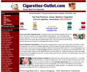 cigarettes-outlet.com: Cheap Cigarettes Online - Tax Free Discount and Free Shipping!
Buy your Cheap Cigarettes Online.  Discount Tax Free Cigarettes for Sale - pay by credit card or PayPal!