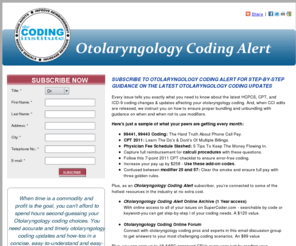 otolaryngologycodingalert.com: Otolaryngology Coding Alert | Otolaryngology Coding Alert Magazine Subscription | Otolaryngology Coding
Subscribe to Otolaryngology Coding Alert for Step-by-step guidance on the latest Otolaryngology Coding Updates