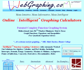 webgraphing.com: Online Graphing Calculators: WebGraphing.com
Live online graphing calculator with automatically optimized viewing window plus step-by-step details to answer any graphing questions. Calculus results include determining derivatives and finding local maxima, minima, points of inflection, and more. Pre-calculus results include intercepts, domain, range, symmetry, holes, and asymptotes. Go toe to toe against the computer with randomly generated graphing exercises or by playing Guess the Graph.