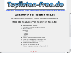 toplisten-free.de: Eigene kostenlose Topliste @ Toplisten Free - Gratis Toplistenservice
Kostenlose Toplisten für Webmaster gibt es hier! Der Toplistenservice läuft auf einem schnellen Server. Free Toplisten für den Webmaster - Gratis Toplisten, gehosted in Deutschland.