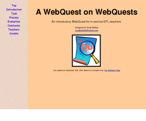 creative-learner.com: WebQuest
WebQuest: an inquiry-oriented learning environment that makes good use of the Web.