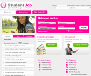 studentjob.de: Nebenjob? StudentJob.de; Nebenjobs für Studente
Wilkommen bei StudentJob.de. Das Jobportal für Studenten! Hier findest du die besten Nebenjobs und Praktika.