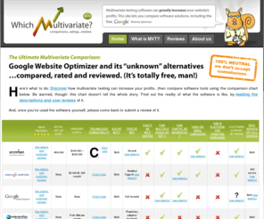 multivariate-reviews.info: Multivariate testing, A/B split testing and landing page optimization software reviews | Which Multivariate?
WhichMVT offers the most comprehensive collection of reviews for multivariate testing tools available.