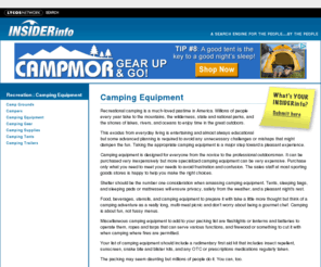 campmatching.com: Camping Equipment - INSIDERinfo Camping equipment search engine. Camping equipment related search results are just a cli
Find Camping equipment related products, services and advice from thousands of sources with INSIDERinfo Camping equipment search engine.