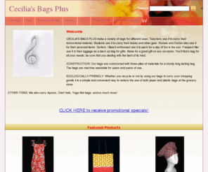 ceciliasbagsplus.com: Cecilia's Bags Plus
Cecilia's Bags Plus makes a variety of bags such as Tote Bags, Custom Aprons, Custom Chefs Hats and much more. You'll find a bag for all your needs.