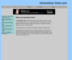 intransitive-verb.com: Intransitive Verb
An intransitive verb is a verb that has only one argument, that is, a verb with valency equal to one.
