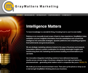 graymattersmarketing.com: GrayMatters Marketing, LLC
GrayMatters helps marketers uncover insightful information from the marketplace that build brands and grow businesses.