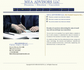 meaadvisorsllc.com: MEA ADVISORS LLC, financial, strategic, valuation
Mark Atkinson, CPA and founder of MEA ADVISORS LLC, specializes in valuations and corporate appraisals, acquisitions and tax planning.