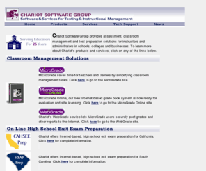chariot.com: Chariot Software: classroom management and elearning applications
Chariot Software Group provides classroom management, testing and test preparation software for instructors, trainers and administrators in K-12 schools, colleges and businesses.  Contact us for a free demo.