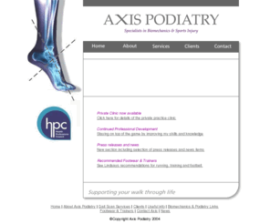 axis-podiatry.co.uk: Biomechanical Assessment of sports injury with Gaitscan
Biomechanical and Sports Injury Assessment using Gaitscan by qualified practitioner