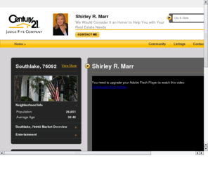 c21dfw.com: Shirley Marr's Web Page
Real Estate Sales, Rentals, Lease, Grapevine, Colleyville, Southlake, Keller, North Richland Hills, Hurst, Euless, Bedford