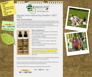 absolutegreennaturalbugrepellent.com: Deet-Free Bug Repellent, for all your outdoor events.
All Natural Deet-Free bug spray.