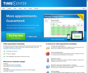 timecenter.com: Online Appointment Scheduler - TimeCenter
Online appointment scheduling for massage therapists, hair stylist and coaches. Event registration for yoga classes and courses. Get started in 60 seconds.