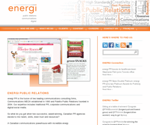 palettepr.com: energi PR (EN)
energi PR, Communications, Digital is an independently-owned Canadian agency with offices in Toronto and Montreal. We provide clients with fresh ideas and innovative approaches to building and strengthening brands with the seamless integration of traditional and new PR/social media.