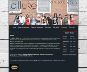 alluresalonbcs.com: Home - Allure Salon Hair Salon in Bryan/College Station, TX
Home -    At Allure Salon,  you'll find a welcoming atmosphere with a spirited buzz of creative hairstylists that love what they do. Fresh...