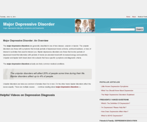 majordepressivedisorder.net: Major Depressive Disorder | Experiencing Profound Sadness? Lost Interest In Living? You Are Not Alone
The major depressive disorders actually are fairly common medical conditions. The major depressive disorders are generally classified in one of two classes: unipolar or bipolar. The unipolar disorders will affect 20% of people some time during their life. Bipolar disorders affect up to 4% of people.