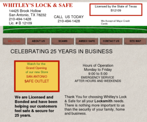 whitleyslockandsafe.com: INDEX
25 years in busniess, High Security Locks, Fire Safes, keys, Family owned and operated,  Licensed and Bonded