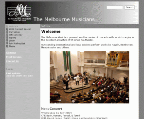 melbournemusicians.com: The Melbourne Musicians - Welcome
The Melbourne Muscians; playing a wide range of music for chamber orchestra since 1975