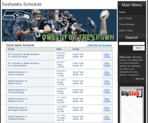 seahawksschedule.org: Seahawks Schedule
Seahawks Schedule 2011. Get the schedule and discover the best Seahawks tickets including premium tickets and cheap tickets exclusively from SeahawksSchedule.org!