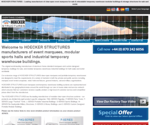 hockerhts.com: Hoecker Structures - Marquees for Sale - Temporary Warehouses for Sale and Hire
HOECKER STRUCTURES marquees for sale and temporary warehouses building systems are represented and distributed in key geographical areas around the world.