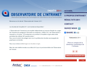 observatoire-intranet.com: Observatoire de l'intranet - Enquête 2011 - Gouvernance – Intranet – Réseaux sociaux
L'Observatoire de l'intranet fête ses dix ans! L'intranet progresse dans les entreprises et l'Observatoire de l'intranet constitue un relais précieux de ces différentes évolutions. Participer à l'enquête!