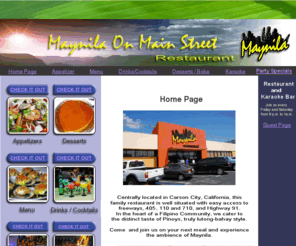 maynilaonmainstreet.com: Maynila On Main Street Homepage
Filipino restaurant, karaoke on weekends, events venue, great selection of cocktails, at the heart of Carson City, CA., great audio, you can sing like a pro!. with live band on Thursdays, great food, kapamilya at kapuso ka!
