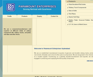 paramount-enterprise.com: Glued Insulated Rail Joints, Railway Track Components, Nuts & Bolts, Fish Plates
Paramount Enterprises Hyderabad - We are a renowned manufacturer and exporter of different kinds of railway component like railway tracks, rail joints, rail clips and other items.