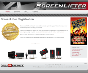 thescreenlifter.com: ScreenLifter Registration - ScreenLifter Registration
The Screenlifter - The best transport, stand and lift system for the Pananasonic 103/" Plasma Display. Screen lifter sales and rentals by AV Rental Depot.