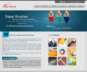 sagarbrush.com: Sagar Brush Industries - handmade paint brush manufacturer india, high quality paint brushes and paint rollers supplier
wide range of high quality paint brushes and paint rollers in all type and sizes, such as Natural bristle brushes, DuPont filament brushes, Synthetic filament brushes, Natural and Synthetic mix brushes, DIY, angular paint brush manufacturer