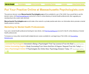 massachusettspsychologists.com: Massachusetts Psychologists - Massachusetts Psychologists.com - Put Your Practice Online Now
Build your own therapy marketing web site at Massachusetts Psychologists.com.