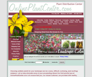 onlineplantcenter.com: Buy Hardy Plants, Shrubs, Grasses, Perennials, Groundcover, Conifers, Deciduous, Broadleaf
Quality northern grown azaleas, arborvitae, barberry, buddleia, 
cypress, daylily, euonymus, hibiscus, holly, juniper, lilac, sandcherry, taxus, viburnum, weigela, 
more shipped grower direct to you