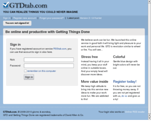 gtdtab.com: GTDtab - online application for Getting Things Done
Get your stuff organized and managed on one place and have it available from anywhere.