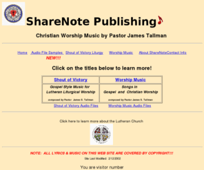 sharenotemusic.com: ShareNote Publishing
Sharenote, a web site of christian music to which any church may purchase a licence to use and duplicate downloadable music files.Sheet music, audio tapes available also