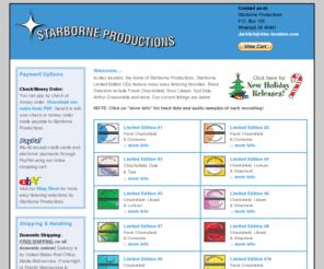 starborne.net: Disc-Location by Starborne Productions
Welcome to disc-location, the home of Starborne Productions. Starborne Limited Edition CDs feature many easy-listening favorites. Music Directors include Frank Chacksfield, Sven Libaek, Syd Dale, Arthur Greenslade and more.