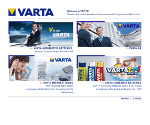 battery-recycling.com: VARTA Online - All about batteries - VARTA Automotive, VARTA Consumer Batteries, VARTA Microbatteries, VARTA AG
VARTA - Alles über Auto Batterien und Consumer Batterien, All about car batteries and consumer batteries.