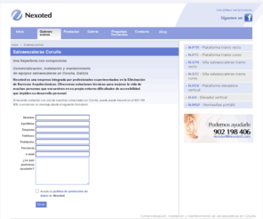 salvaescalerascoruna.es: Salvaescaleras Coruña | Nexoted
:: Nexoted - Eliminación de barreras arquitectonicas - Coruña, Galicia - sistemas salvaescaleras, salva escaleras, sube escaleras, sillas salvaescaleras, sillas sube escaleras, plataformas salaescaleras, plataformas salvaescaleras, elevadores, rampas portátiles
