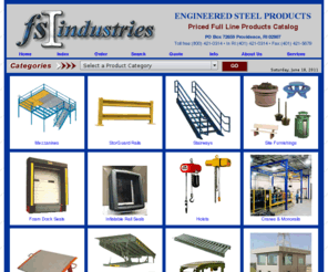 fsindustries.com: Hoists, Cranes, Conveyors, Buildings, Guard Rails, Mezzanines, Stairways
Hoists, Dock Levelers, Cranes, Conveyors, Shelving, Benches, Pallet Trucks, Buildings, Guard Rail, Mezzanines, Site Furnishings, Stairs, Security Cages and Trash Receptacles by FS Industries.  Your source for material handling equipment.