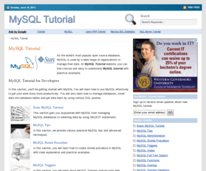 mysqltutorial.org: MySQL Tutorial
MySQL Tutorial website provides you comprehensive and concise MySQL Tutorial with practical examples. Furthermore it gives you a lot of useful tips and techniques to help you work with MySQL effectively.