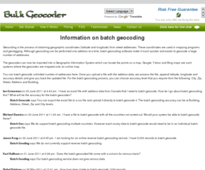 batchgeocode.net: Bulk Geocoding - Information on batch geocoding
Bulkgeocoder.com is an address batch geocoding service - Information on batch geocoding.